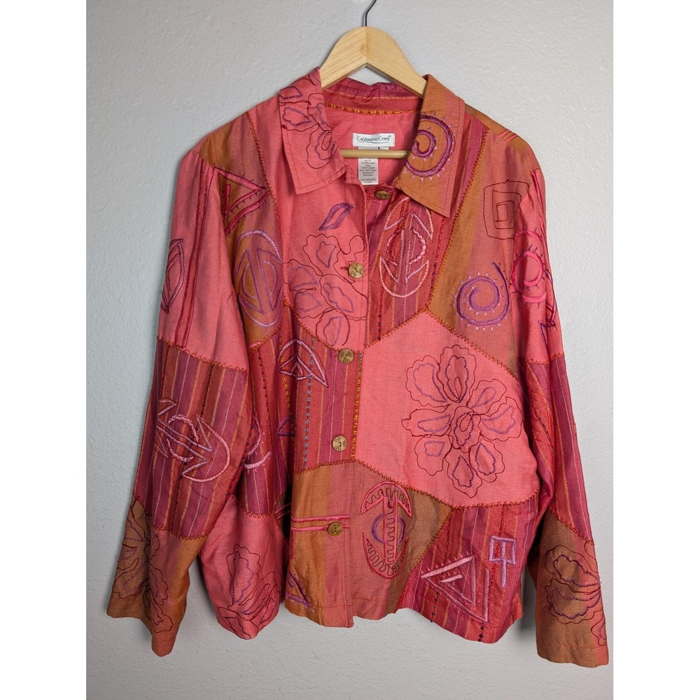 Coldwater Creek Jacket Womens XL Pink Floral Embroidered Patchwork Button Boho